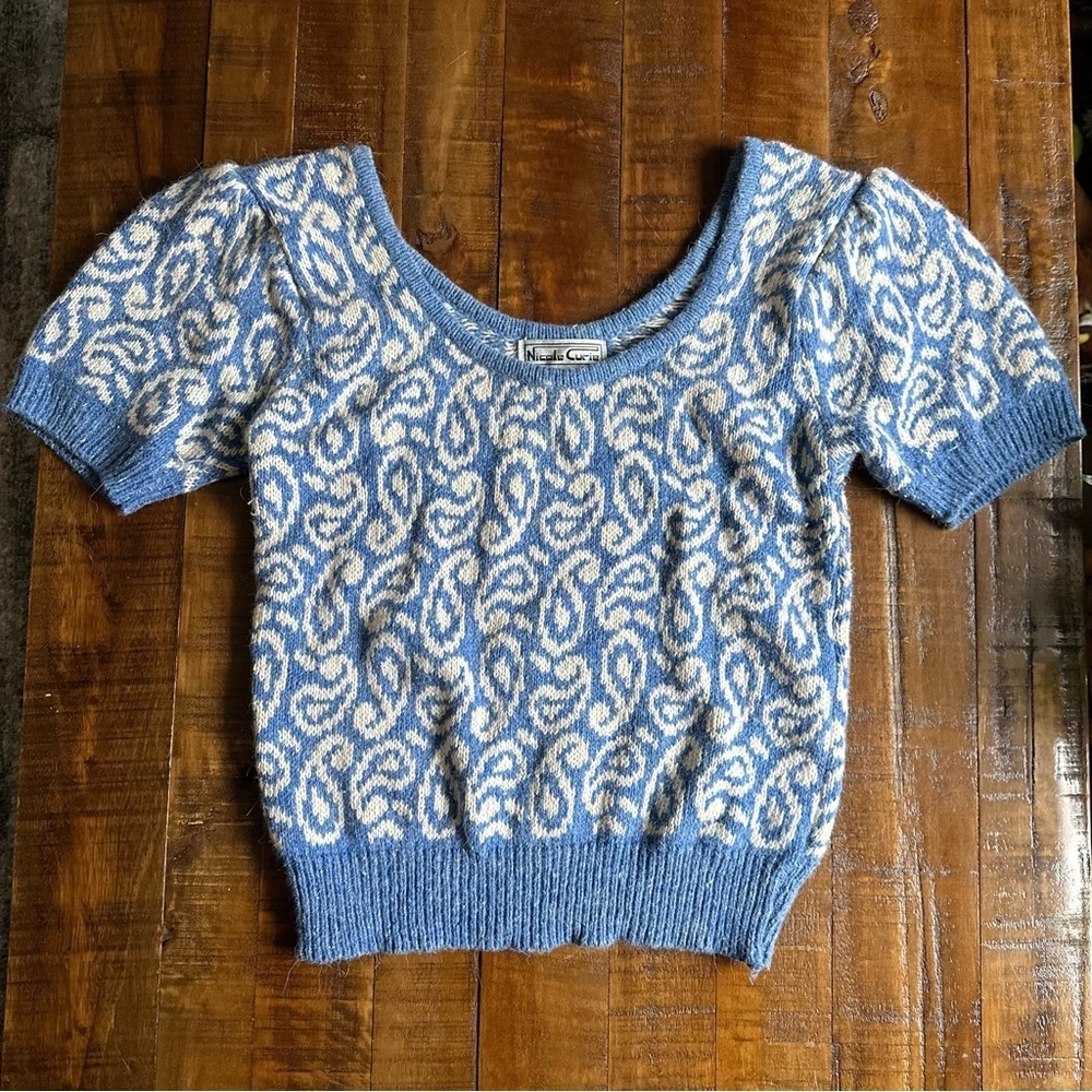 Vintage Nicole Curie Blue Paisley Sweater M Silk Linen Whimsy Twee Clean Girl